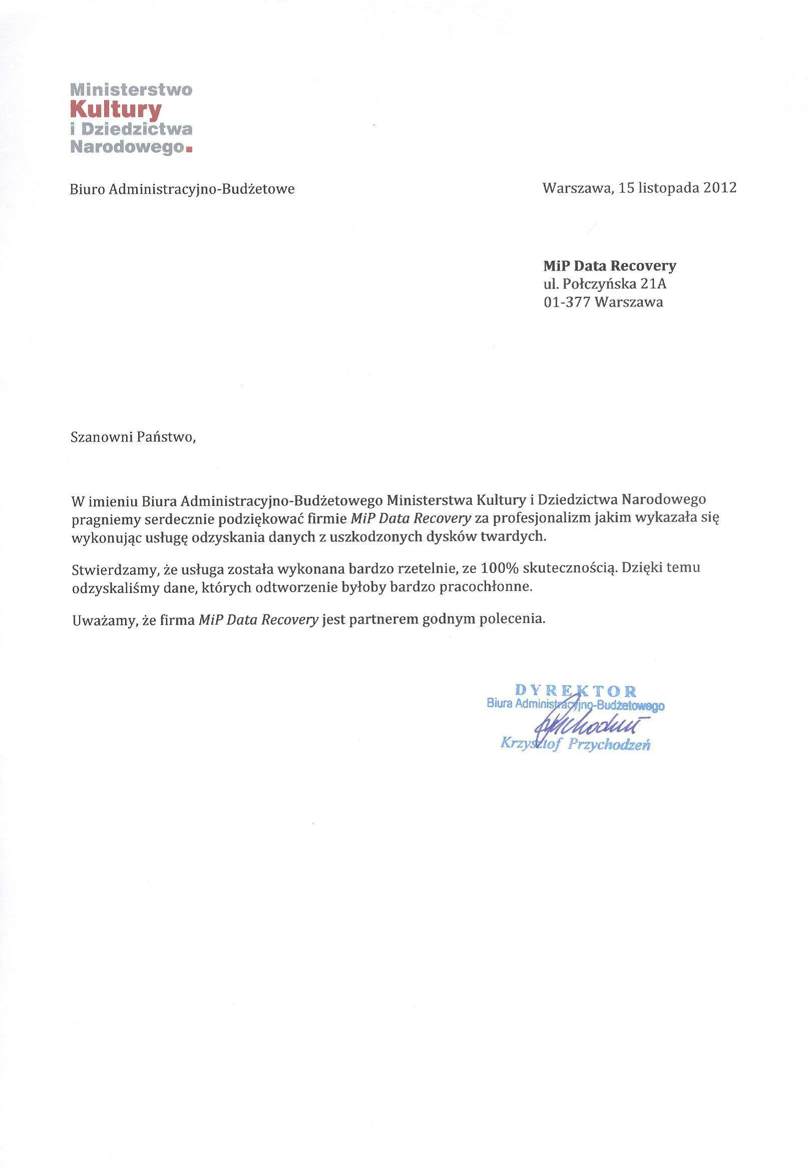 Referencja dla Recovery.pl od Ministerstwa Kultury i Dziedzictwa Narodowego