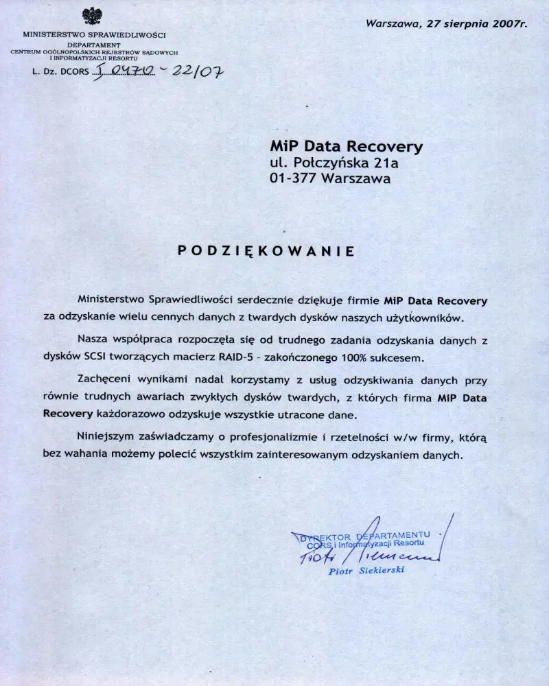 Referencja dla Recovery.pl od Ministerstwa Sprawiedliwości