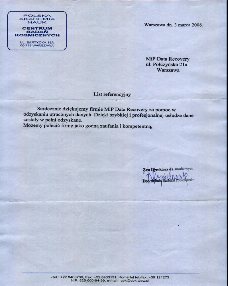 Referencja dla Recovery.pl od Centrum Badań Kosmicznych PAN